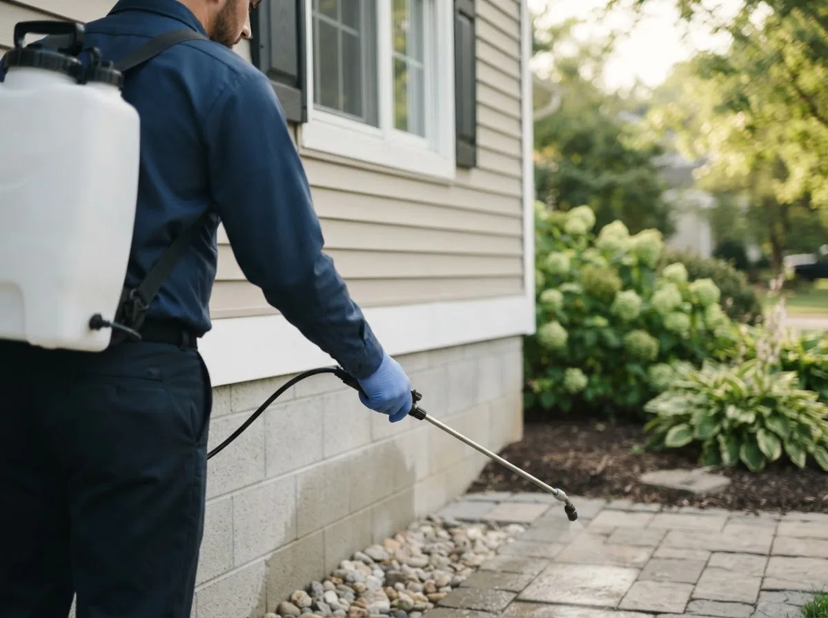 Pest control technician inspecting a home in Dansville, MI